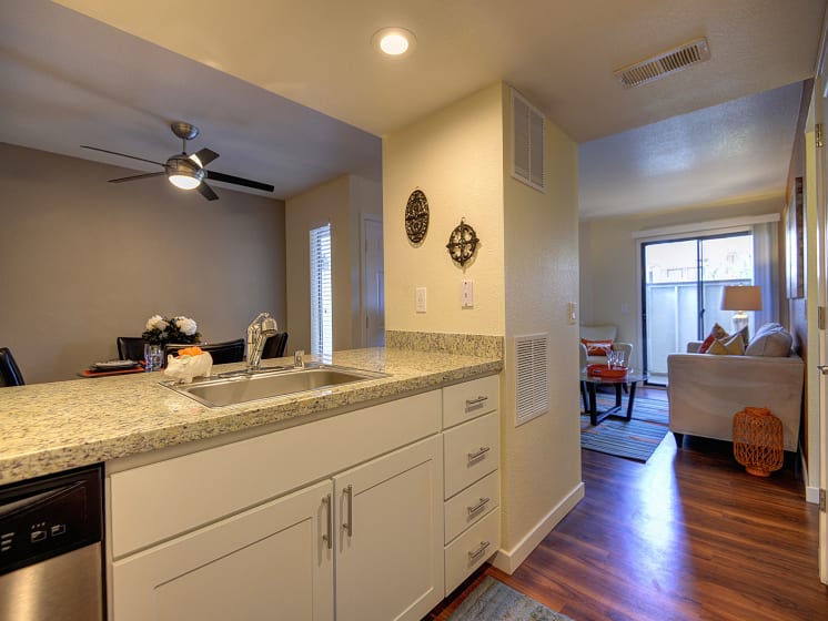 Kitchen Facing Couch, White Cabinets, Hardwood Inspired Floor and Dishwasher